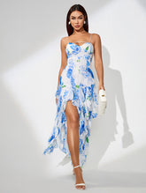Blue Print Floral Vertical Ruffle Long Dress